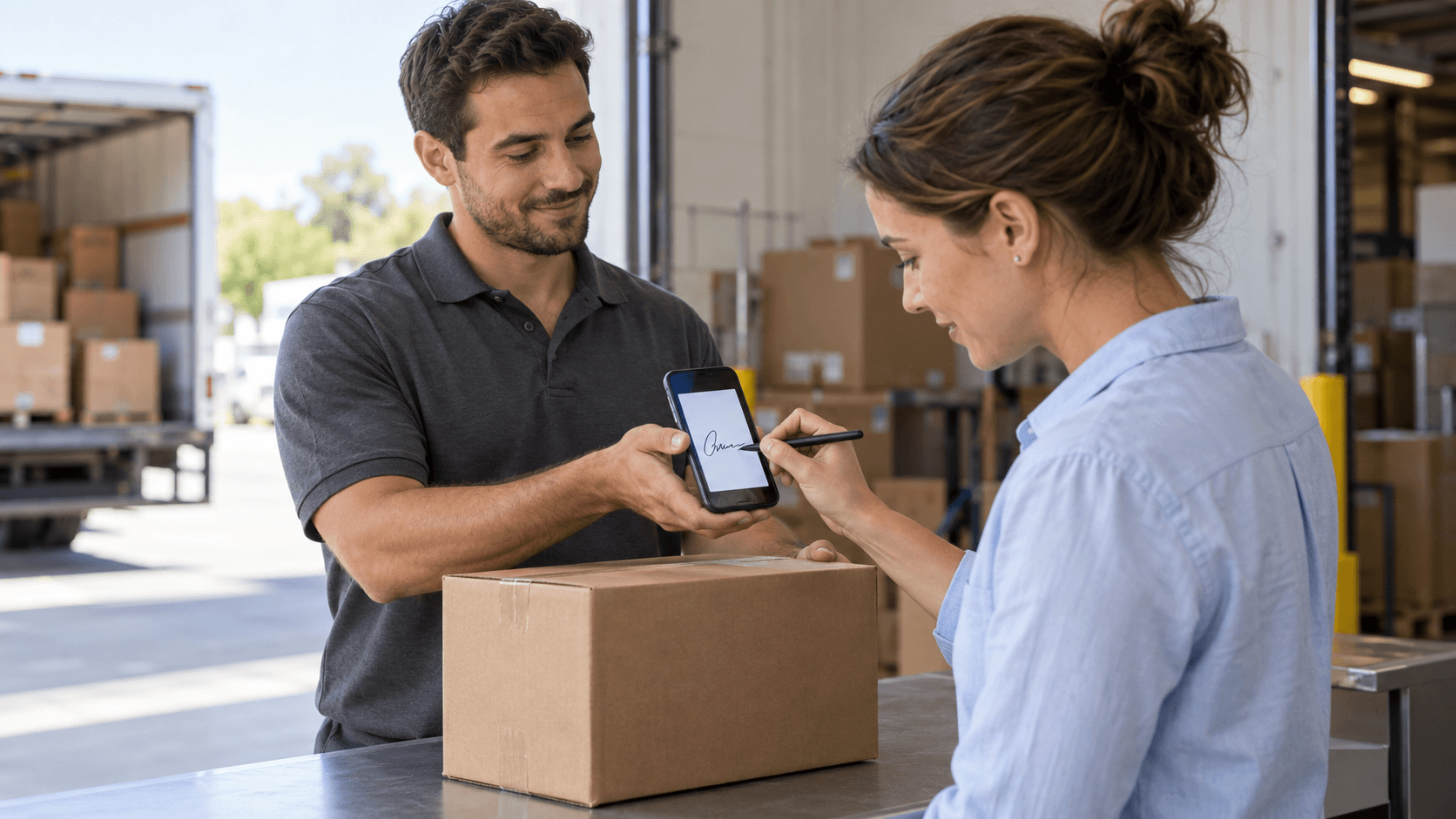 A delivery person presenting a cargo carton while the customer signs proof of delivery on a mobile phone at a warehouse receiving doorway.